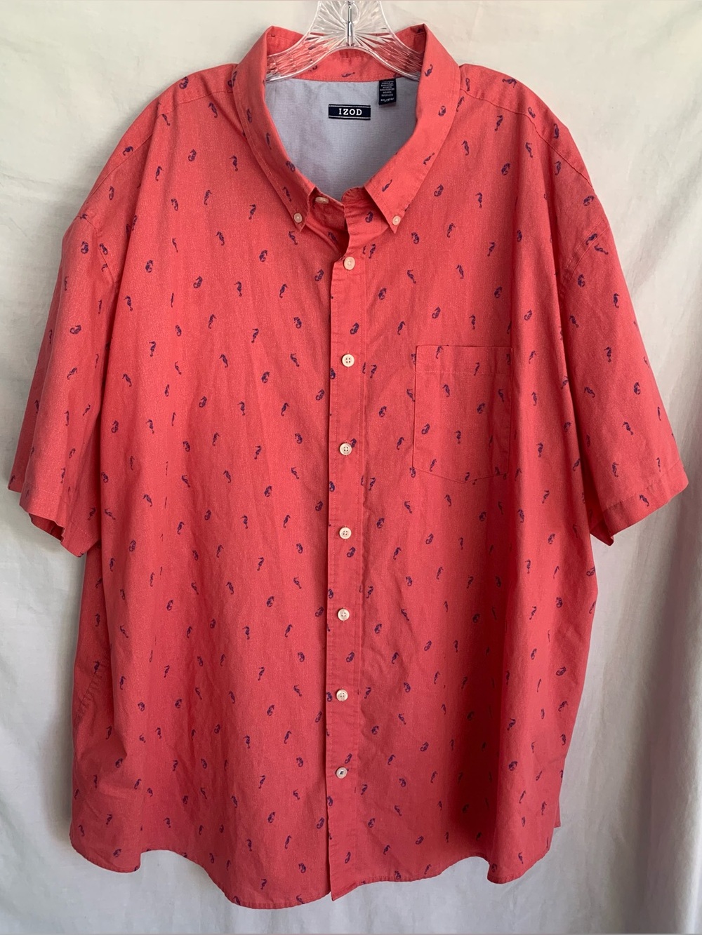 Izod Men’s Coral Short-Sleeve Button-Down with Navy Seahorse Motif